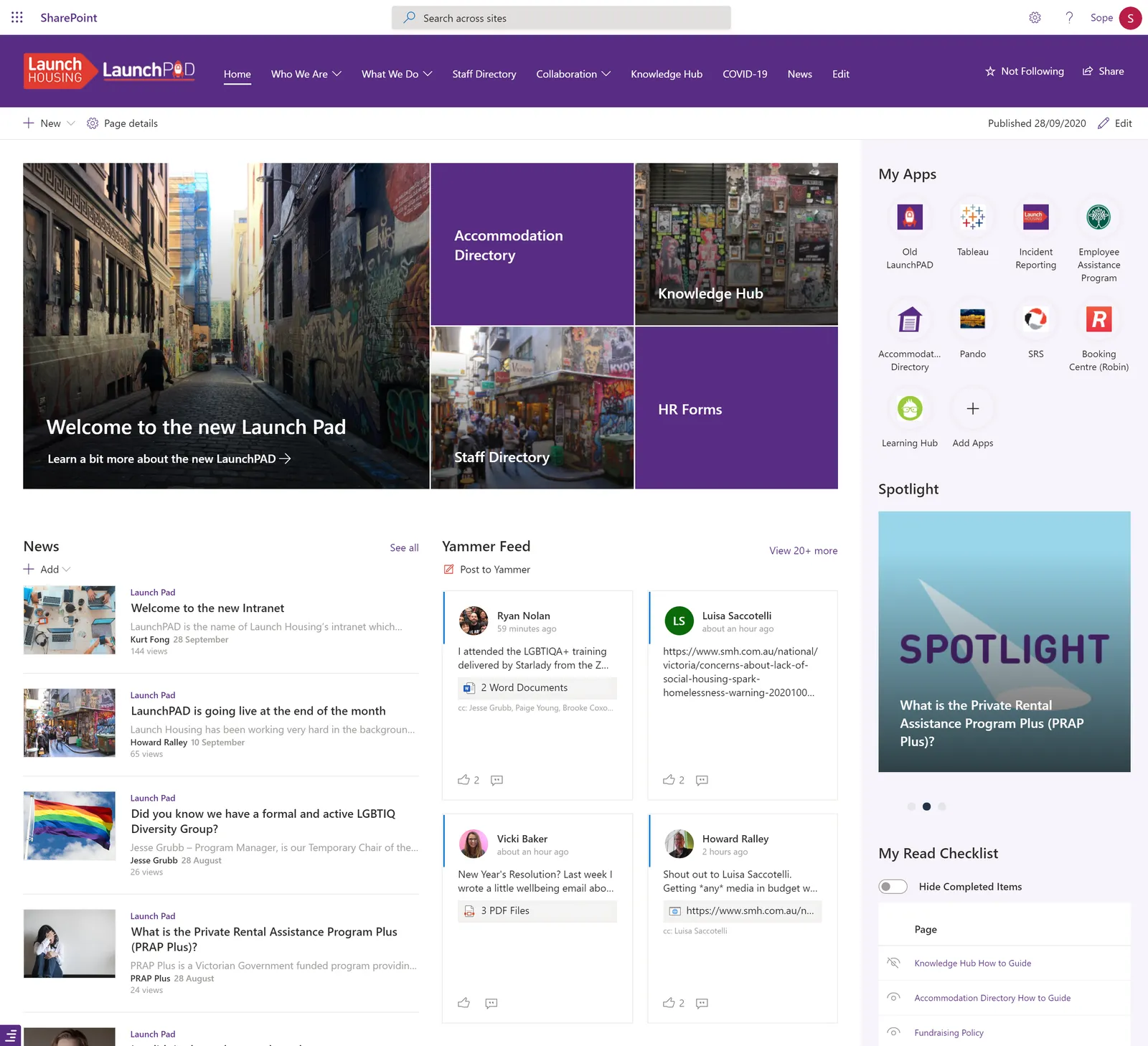 Launch Housing's SharePoint intranet homepage, built by Sope