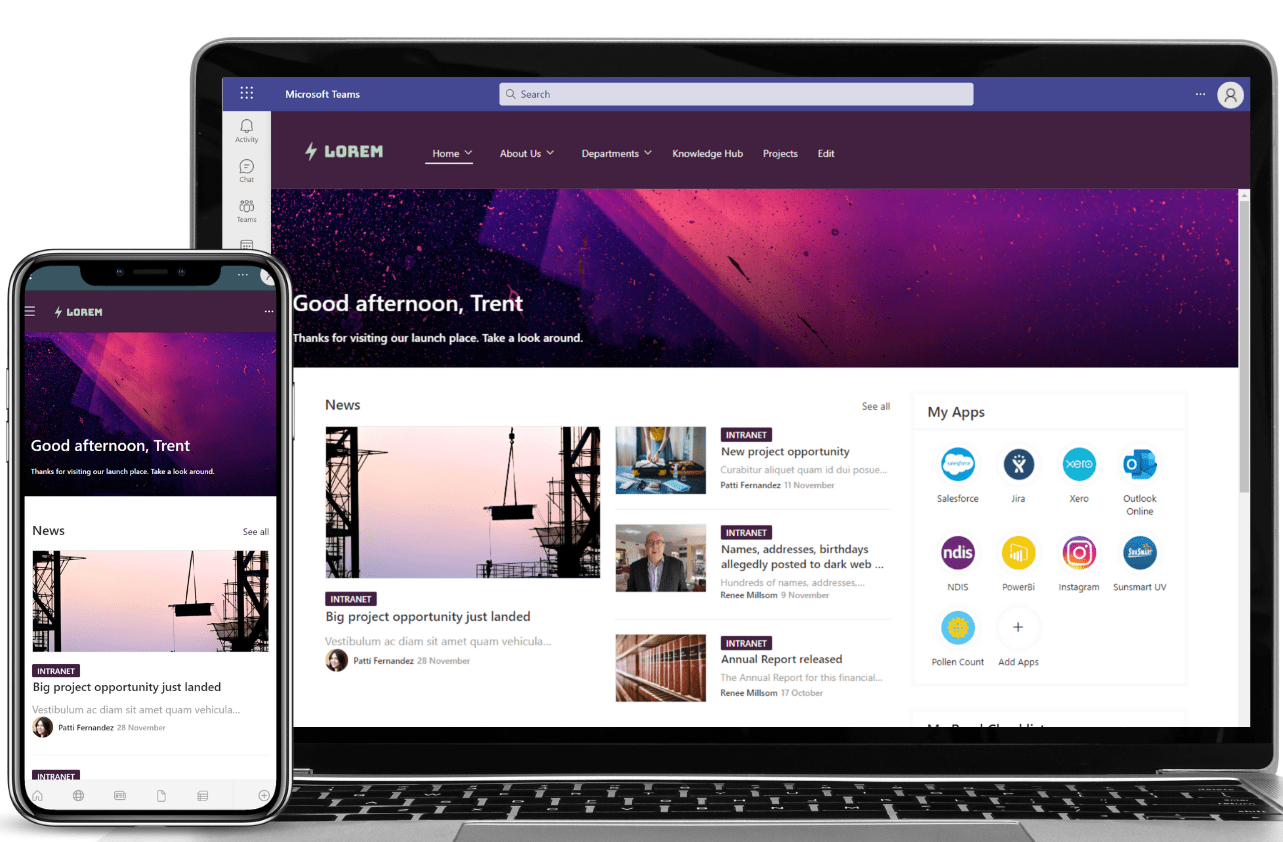 Laptop and mobile featuring intranet design built on sharepoint and microsoft 365