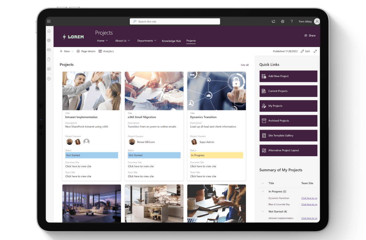 Project management system built on a sharepoint to help manage internal projects and track progress