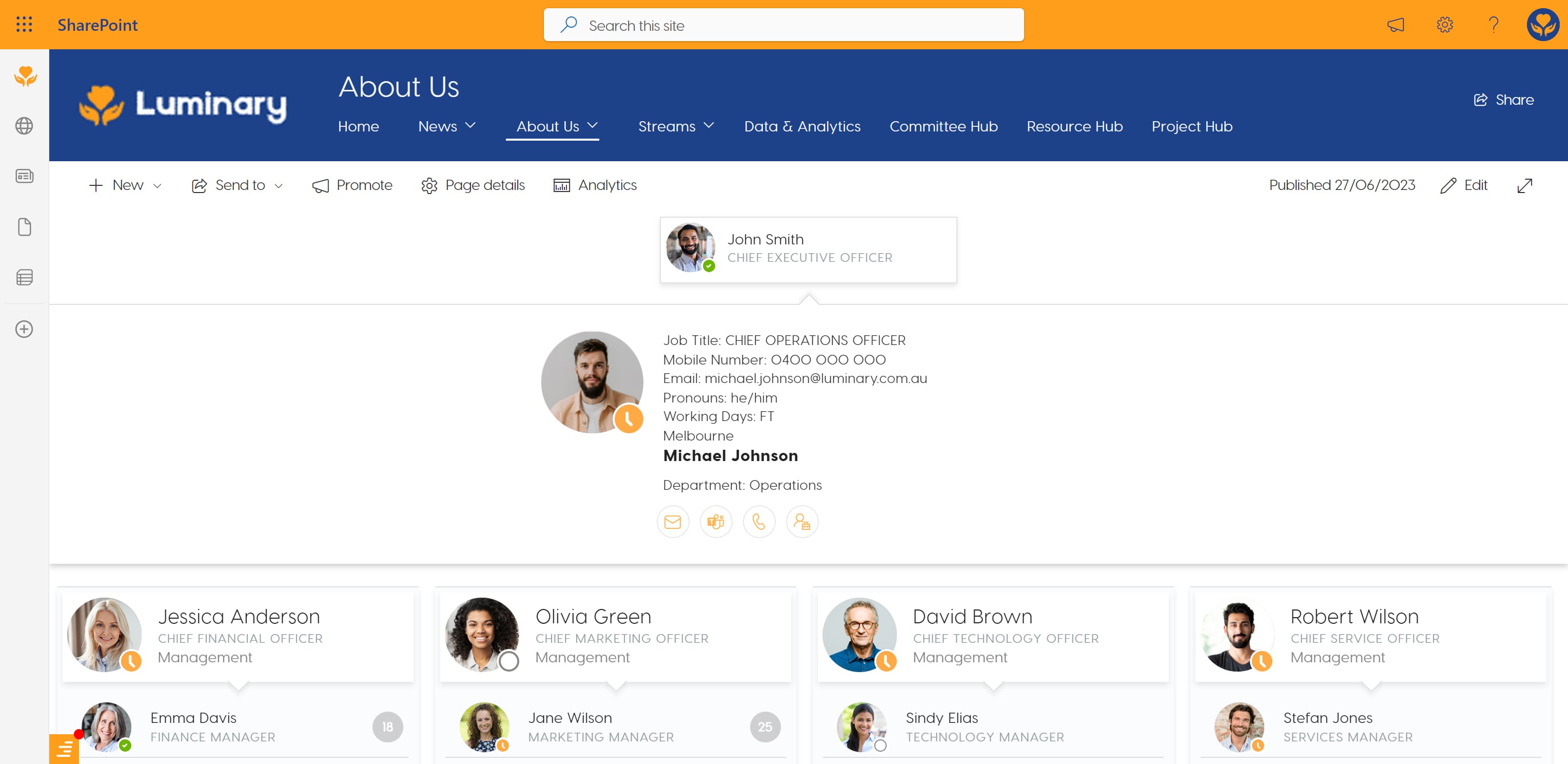 Staff org chart and people directory in SharePoint design example