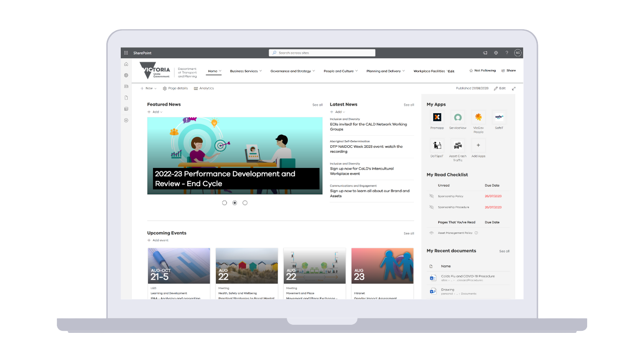 Government department of transport and and planning sharepoint online intranet home page interface design