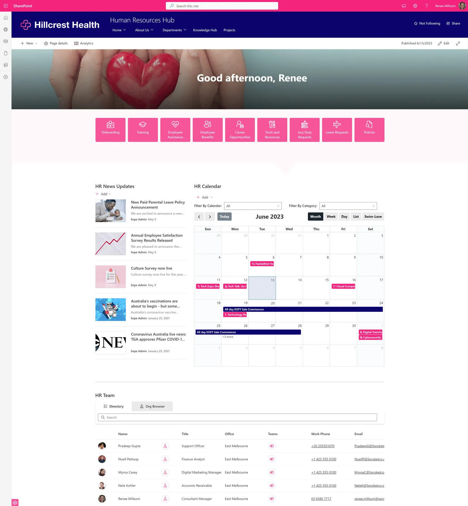 Detailed view of Hillcrest Health's Human Resources Hub on SharePoint, featuring sections on employee benefits, HR policies, and an HR sharepoint calendar with color overlay