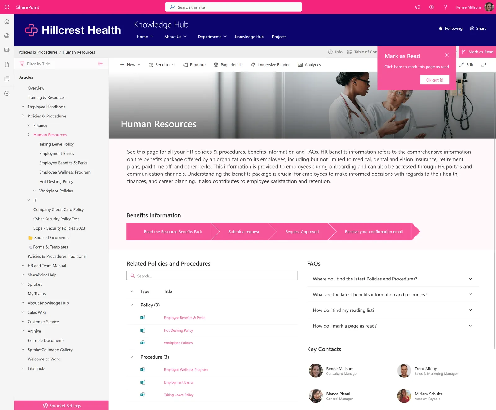 Hillcrest Health's HR SharePoint site example showcasing the homepage with links to employee benefits, HR policies, and HR team contacts.