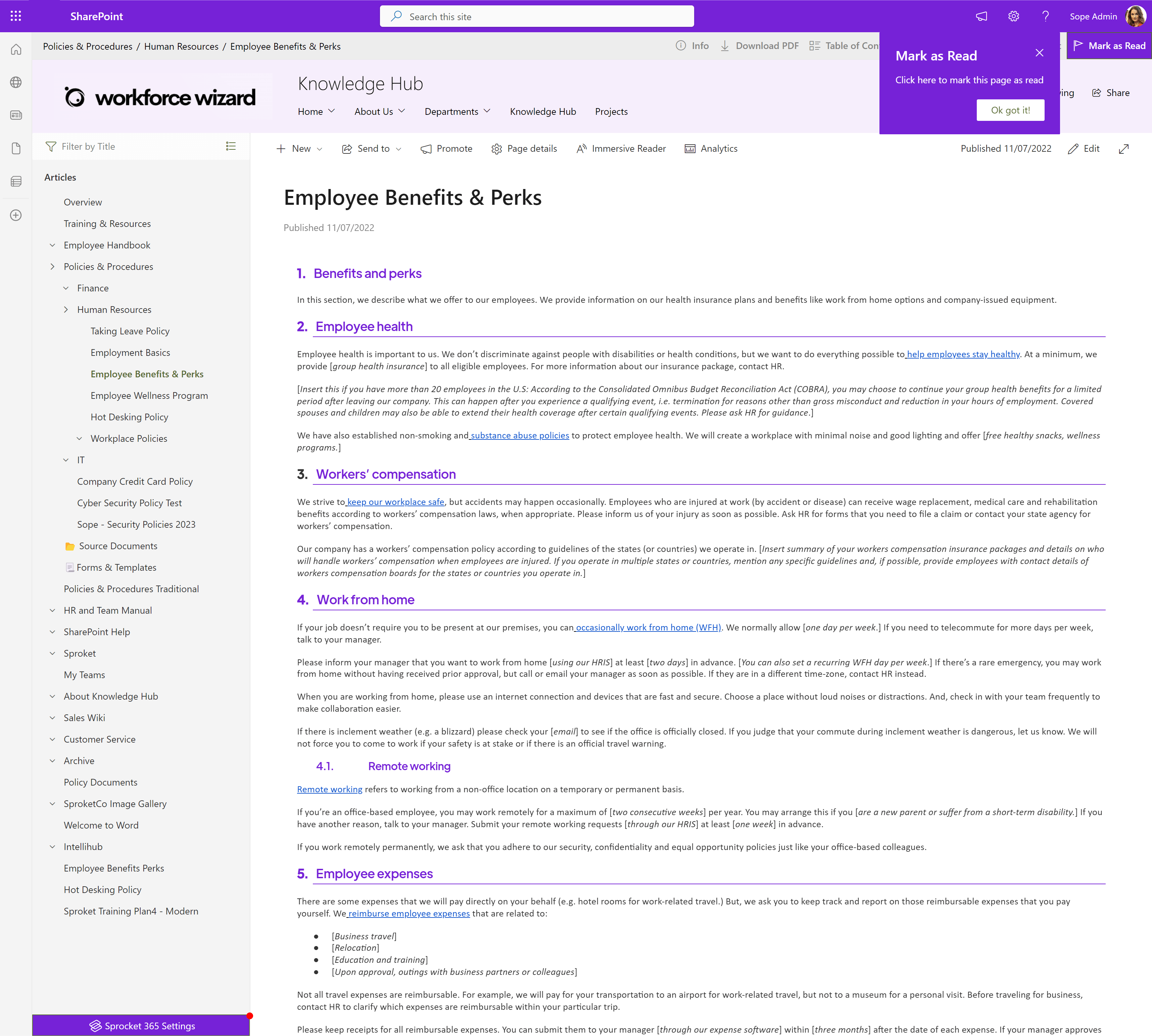 HR SharePoint site example of Workforce Wizard detailing employee benefits and wellness programs available through the platform.