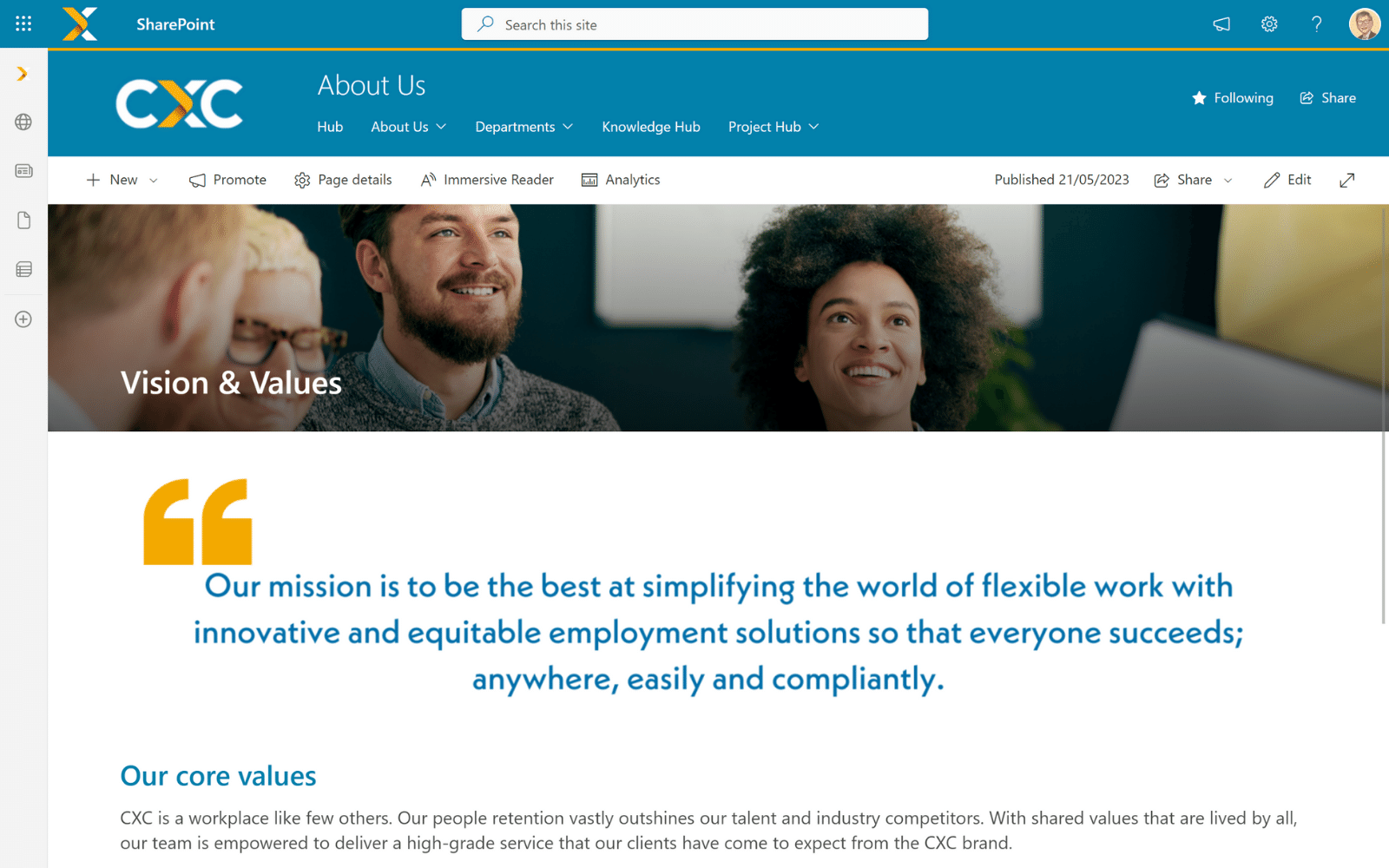 Overview of CXC's About Us page on their HR SharePoint site, focusing on their mission and core values.