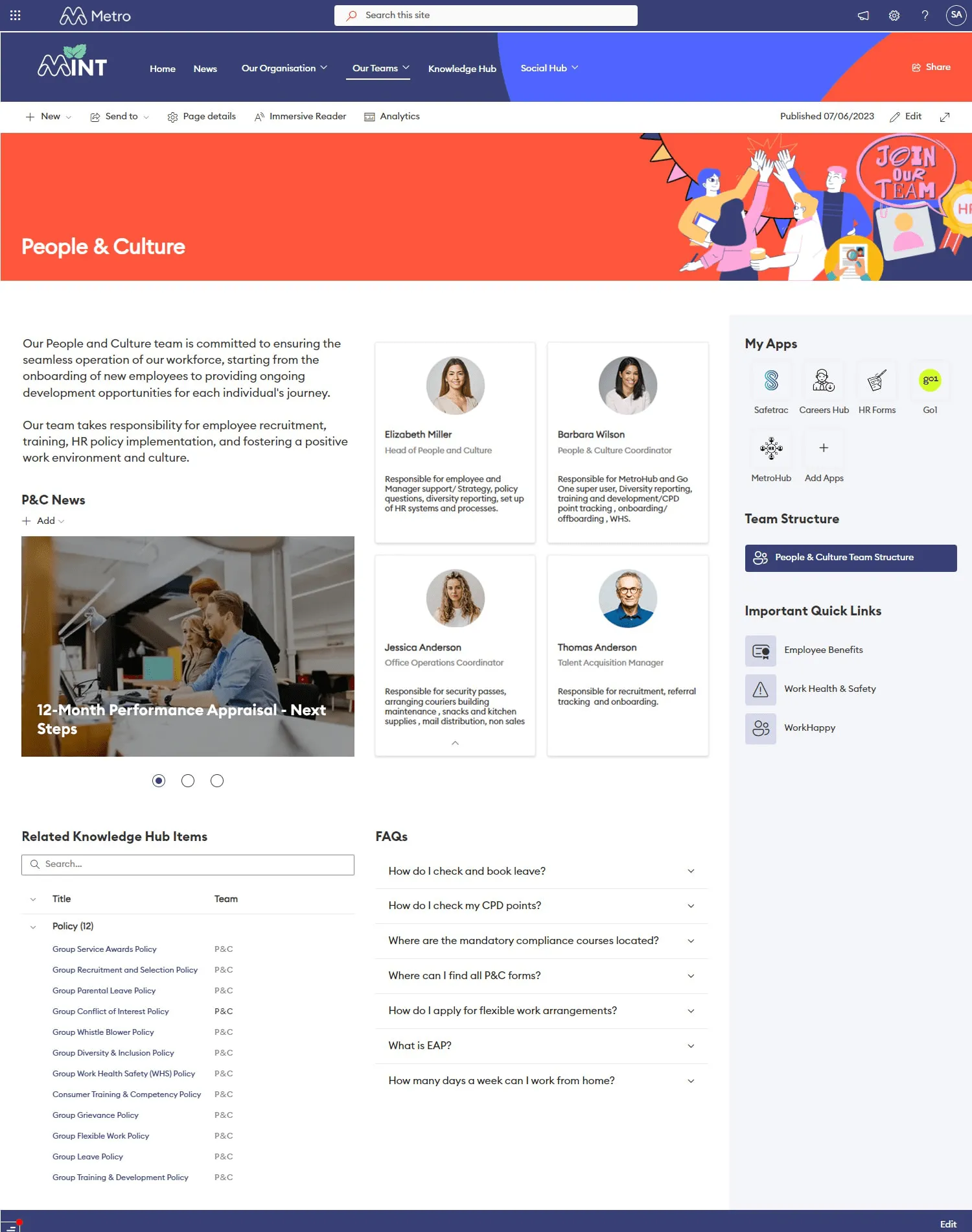 Metro's People and Culture Communication site on example, highlighting team responsibilities and HR news updates.