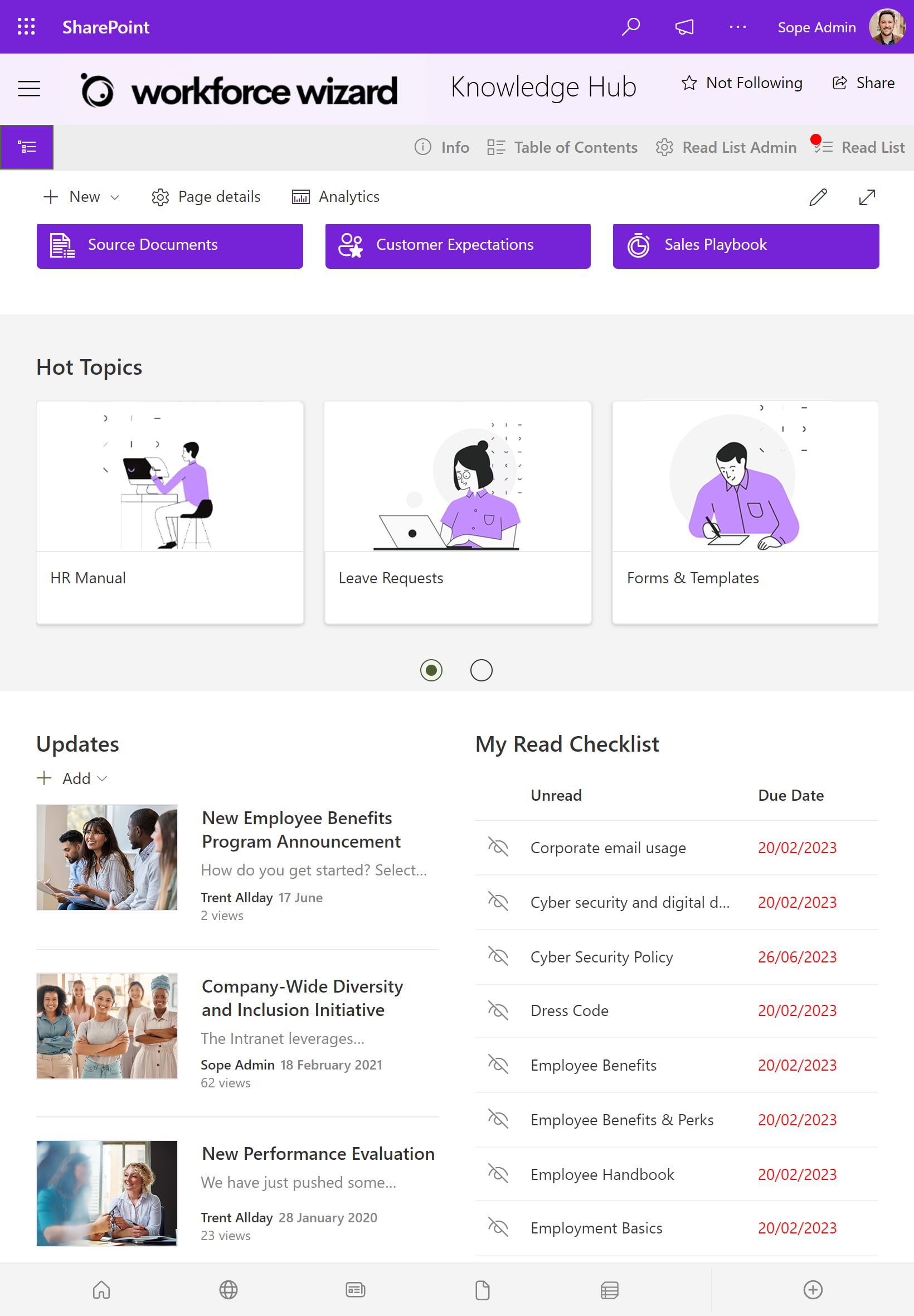 Workforce Wizard's Knowledge Hub on SharePoint, illustrating an HR SharePoint site example focused on governance and employee compliance. Features sections like 'Hot Topics' with HR Manual and Leave Requests, 'Updates' on new employee benefits, and a 'Read Checklist' for mandatory reading with due dates, enhancing employee engagement and compliance monitoring.