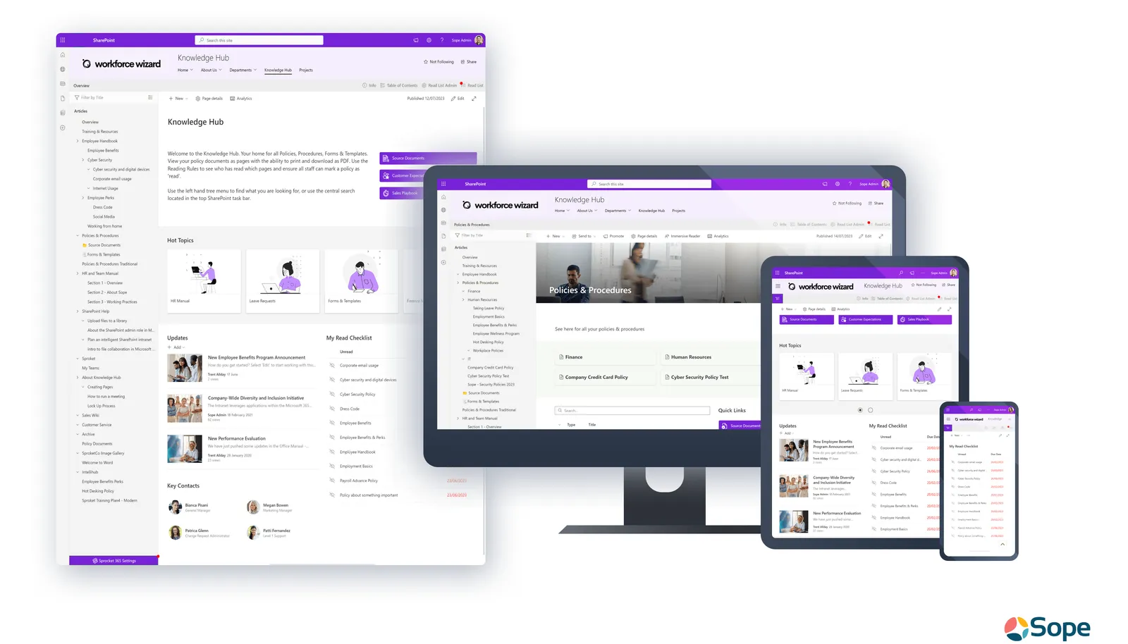 A multi-device display of the Workforce Wizard SharePoint HR site across a desktop, laptop, tablet and mobile. This HR SharePoint site exemplifies a well-organized Knowledge Hub with sections for policies and procedures, updates, and a personal reading checklist, showcasing a seamless digital workspace for HR management.